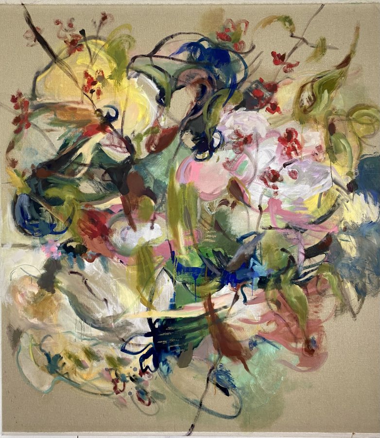 Backyard Bouquet, 2021, 160 x 145 cm (63 x 57 in), Oil on raw canvas – Petra Amtsberg Hoffmann