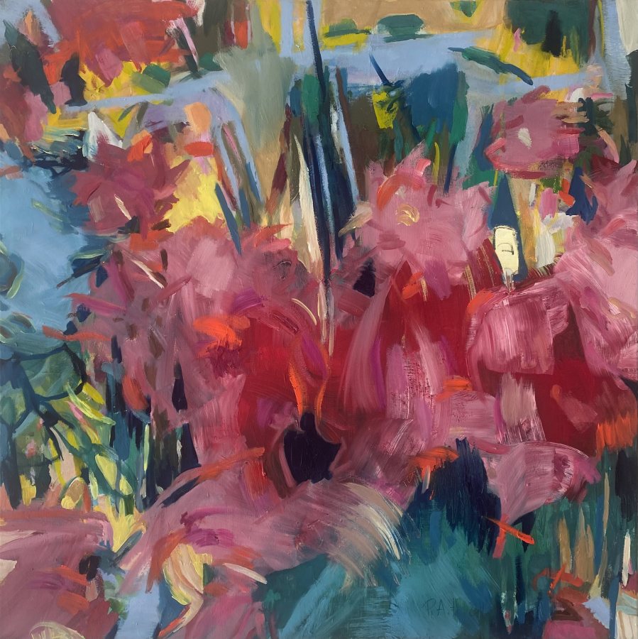 Calyx, 2024, 100 x 100 cm, Öl auf roher Leinwand – Petra Amtsberg Hoffmann