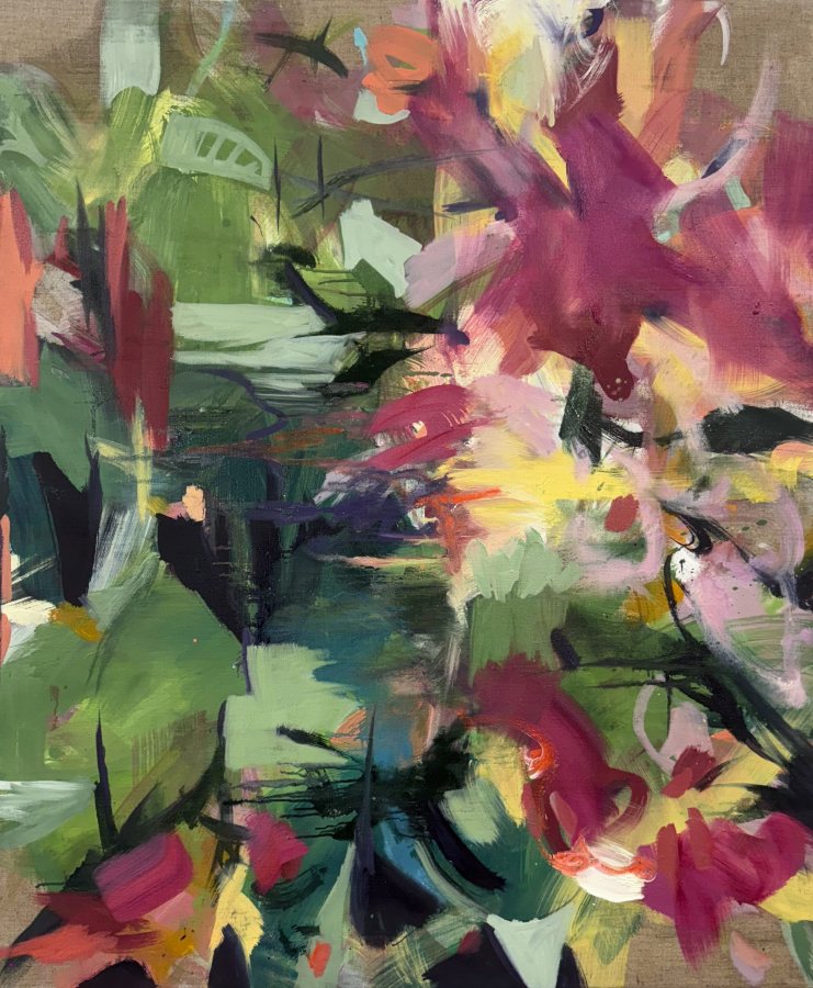 Field Study (Green and Magenta), 2025, 120 x 100 cm (47 x 39 in), Oil on raw canvas – Petra Amtsberg Hoffmann
