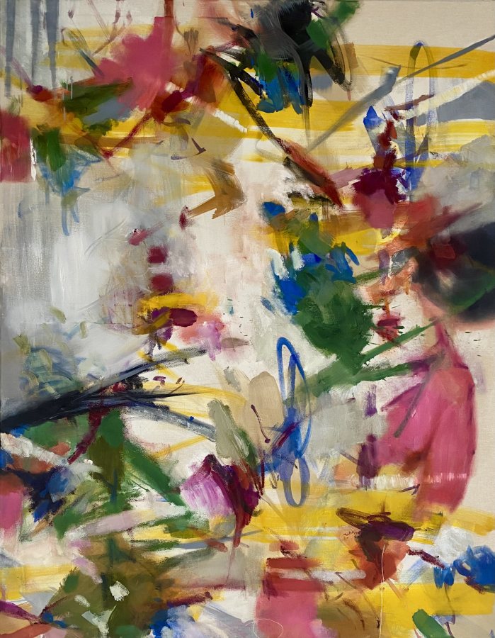 Pink Blossom On Yellow Stripes, 2023, 140 x 110 cm (55 x 43 in), Oil on canvas – Petra Amtsberg Hoffmann
