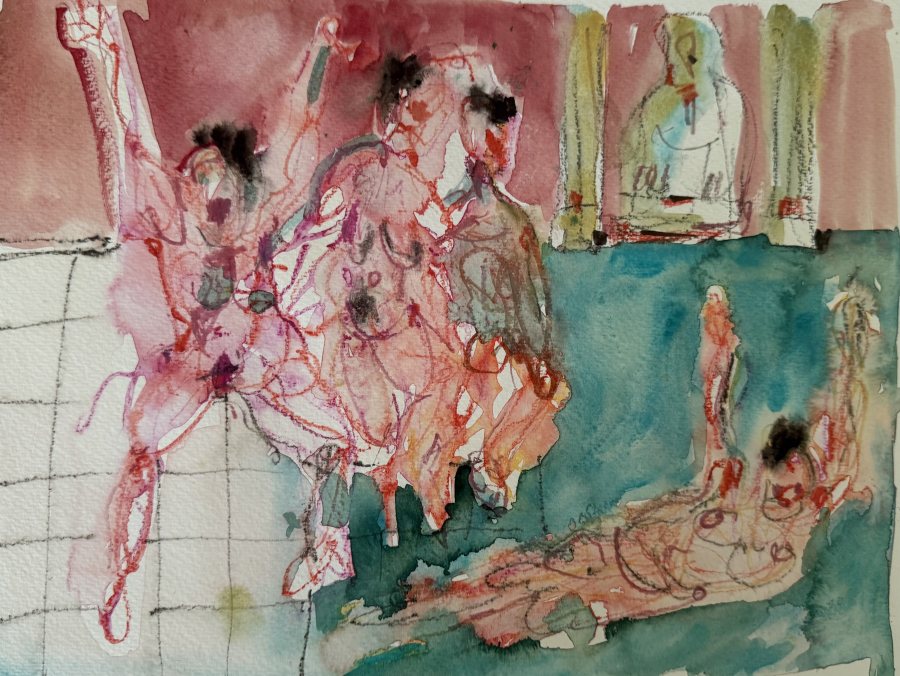 Reisevergnügen Pool, 2023, 30 x 40 cm (12 x 16 in), Watercolour and crayon – Petra Amtsberg Hoffmann