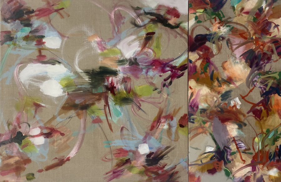 Traces On Raw Ground, 2025, 2 pieces, each 100 x 50 cm (39 x 20 in), Oil on raw canvas – Petra Amtsberg Hoffmann